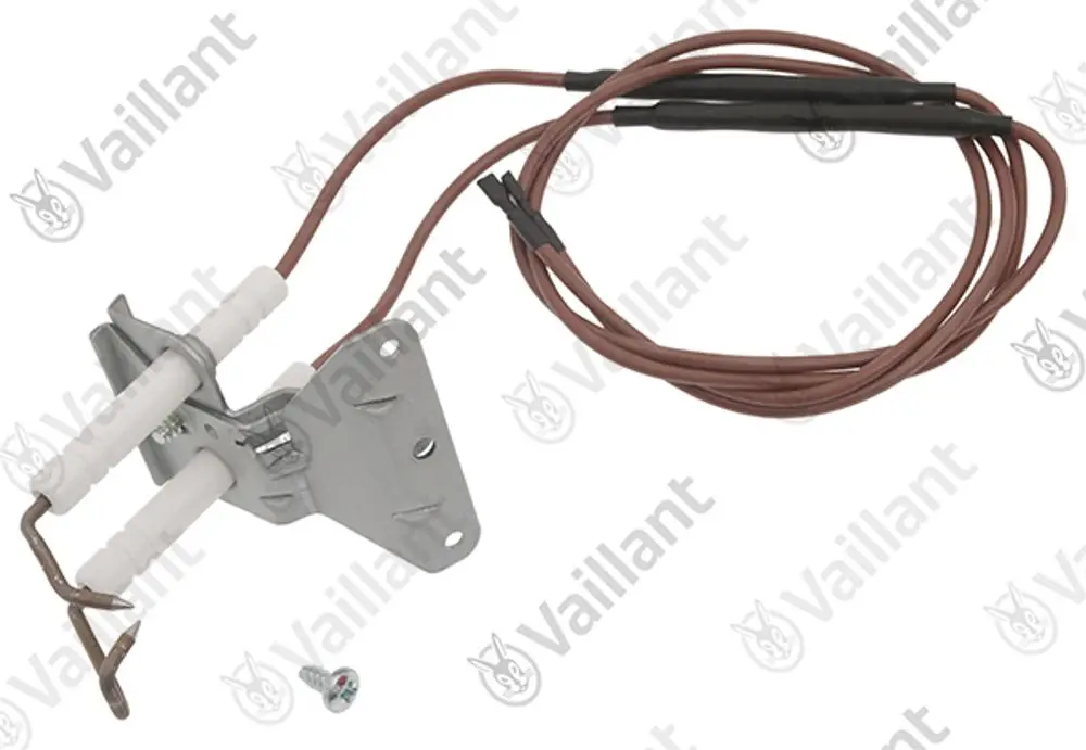 Vaillant Elektrode zur Zündung, ausgestattet mit zwei weißen Isolatoren und Kabeln, montiert auf einer Metallhalterung, inklusive Schraube.